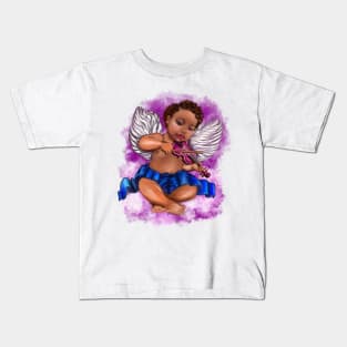 Black Angel playing the violin on a purple cloud- blissful Sun kissed curly haired Baby cherub angel classical art Kids T-Shirt